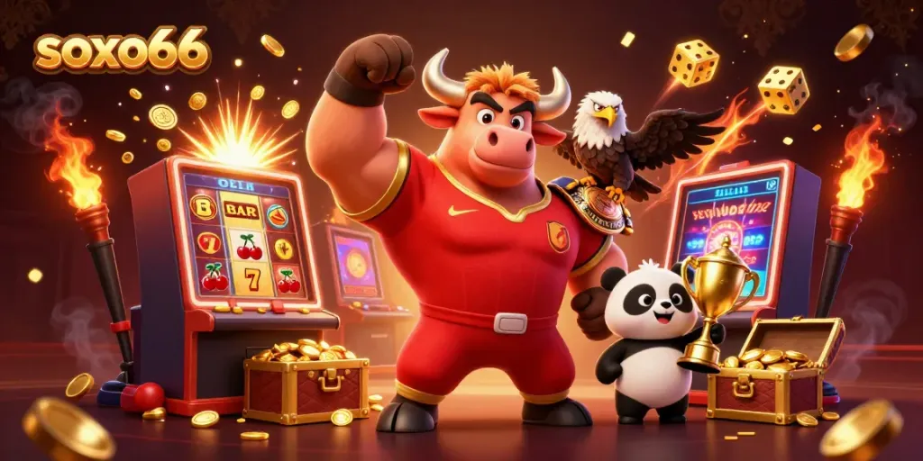 Experience the excitement of soxo66 with a dynamic 3D casino scene featuring a winning cartoon bull, eagle, and panda surrounded by slot machines, golden coins, and trophies.