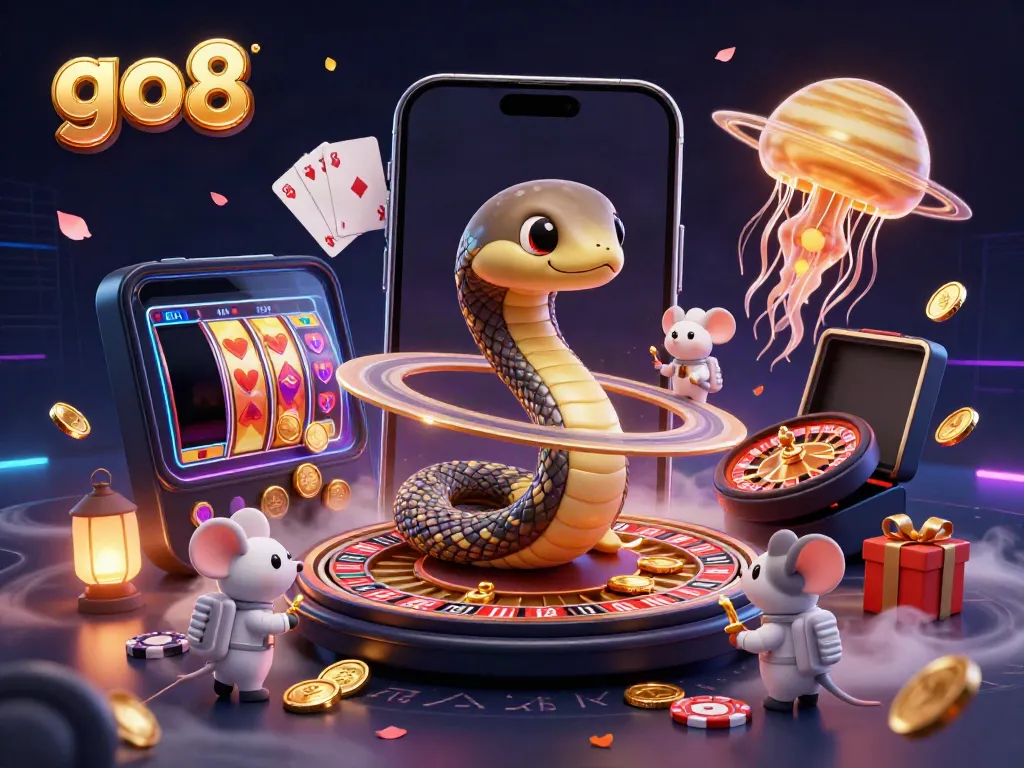Bet on the go8 with vibrant astronaut mice around a roulette wheel and cosmic dealer in a dynamic 3D casino scene.