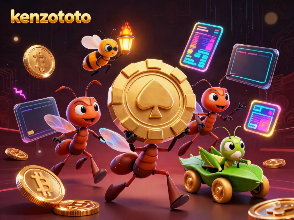 Engage the game with kenzototo as cartoon ants steal a giant poker chip amidst digital currency elements.