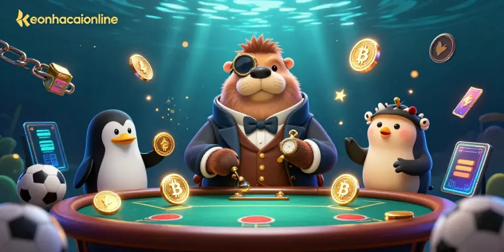 Experience thrilling sports betting action with keonhacaionline's underwater poker scene featuring a walrus, penguin dealer, and pufferfish.