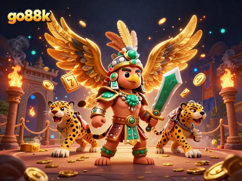 Engage with go88k's vibrant slots, featuring golden reels surrounded by mythical warriors and enchanting elements.