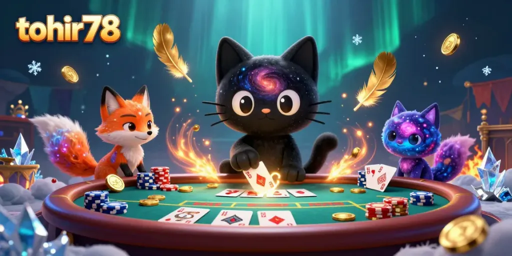Engage with the exciting tohir78 cosmic casino featuring a black hole cat and colorful fox in a vibrant betting scene.