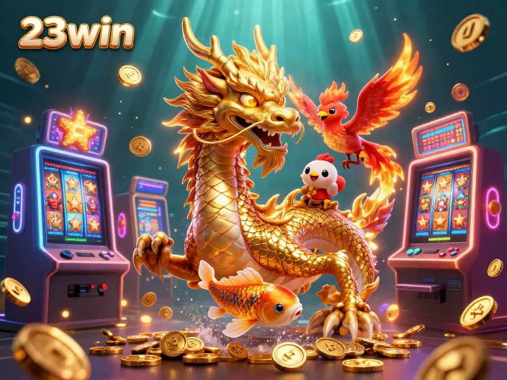 Engage with the vibrant casino world of 23win featuring a dragon, phoenix, and koi surrounded by slot machines.