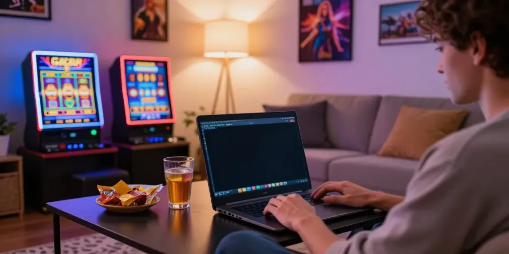 Engaged player enjoying slot gacor game on laptop in a cozy living room atmosphere.