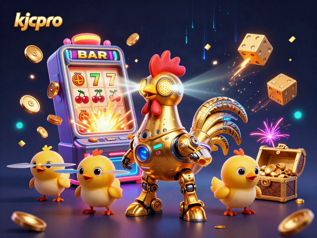 Kjcpro captivates with vibrant gambling excitement featuring a golden rooster robot and slot machine treasures.