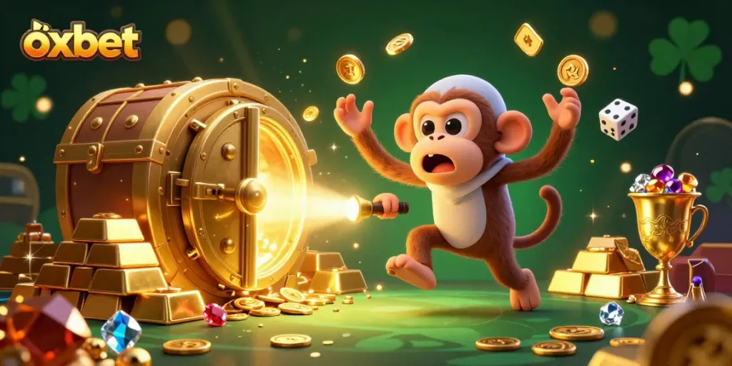 Experience the excitement of oxbet, where a mischievous monkey juggles golden casino treasures in a haunted gaming scene.