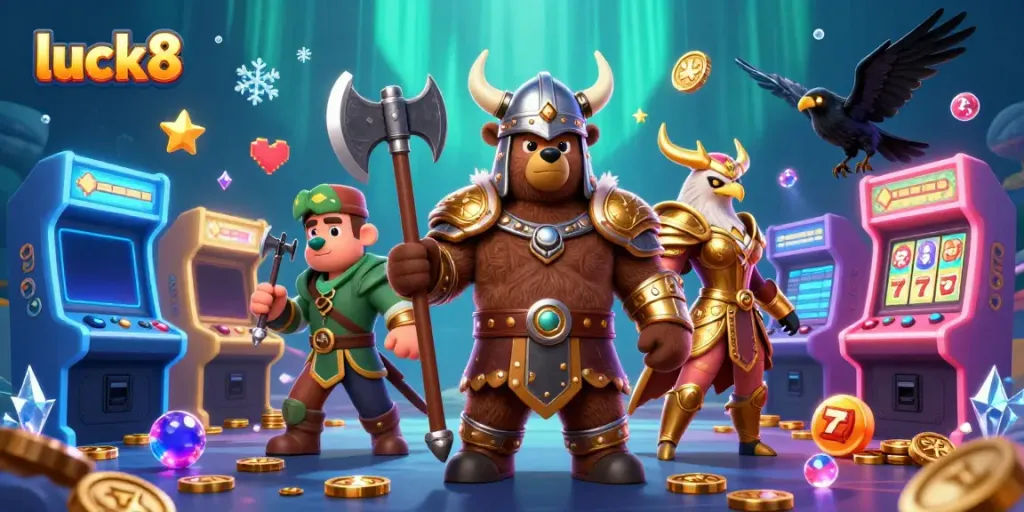 Engage with luck8's thrilling casino adventures featuring Viking bear and Valkyrie eagle in an epic 3D scene.