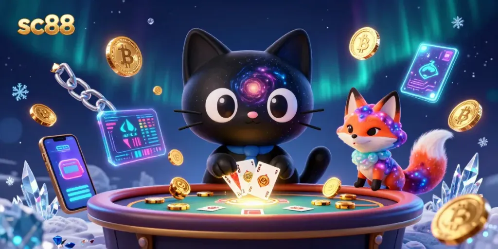 Experience sc88's magical casino atmosphere with a black hole cat and nebula fox pulling in crypto winnings.