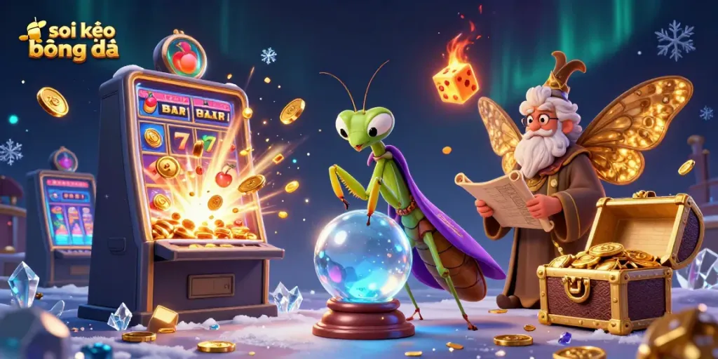 Engage in soi kèo bóng đá with a vibrant fortune teller and moth librarian surrounded by casino elements.