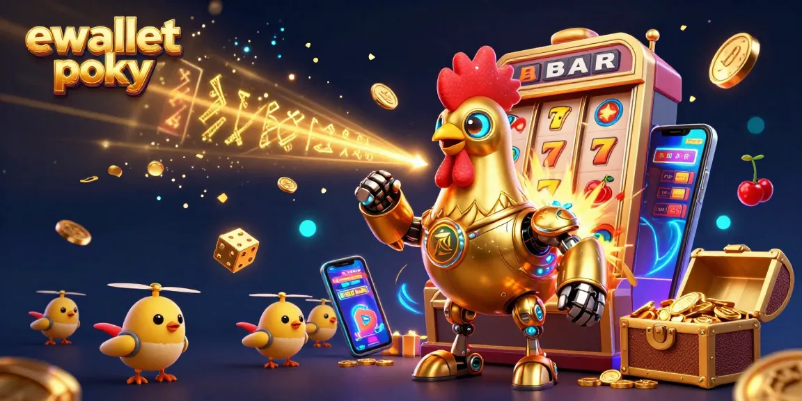 Engage with ewallet pokies in an energetic scene featuring a golden rooster robot and baby chick drones.