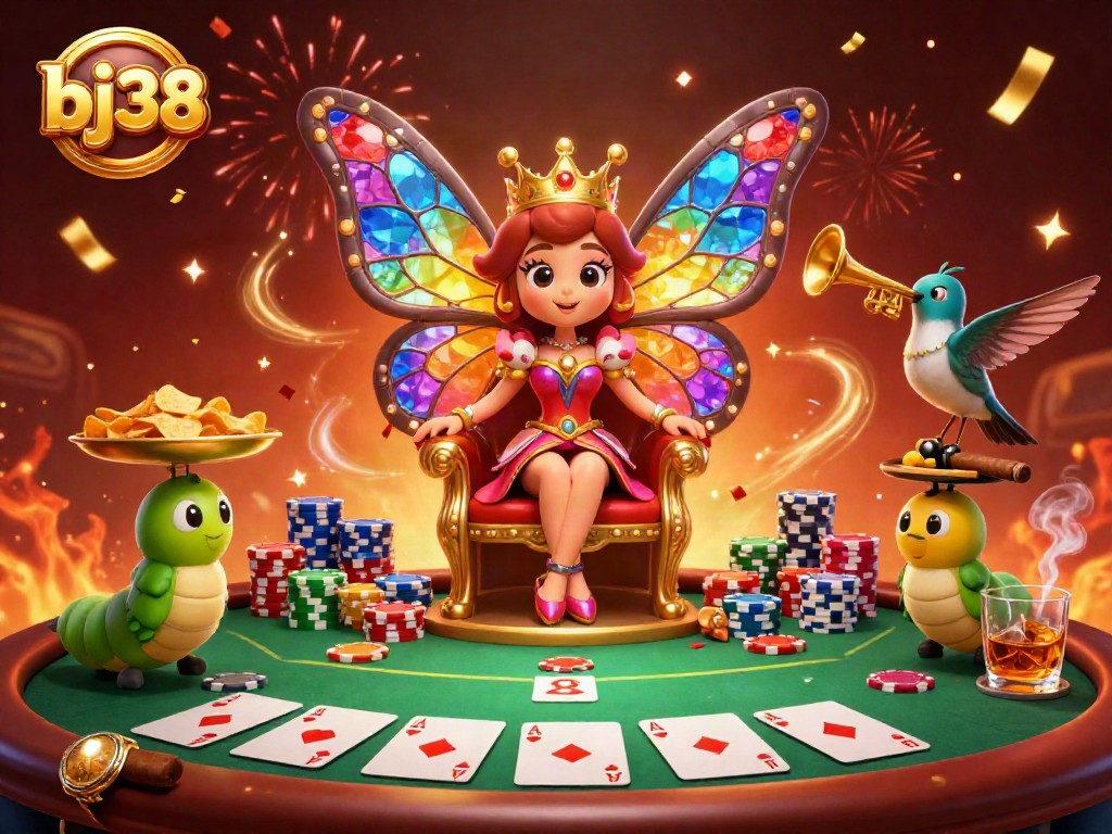 Experience the vibrant excitement of bj38 with a butterfly queen leading a dynamic casino scene.