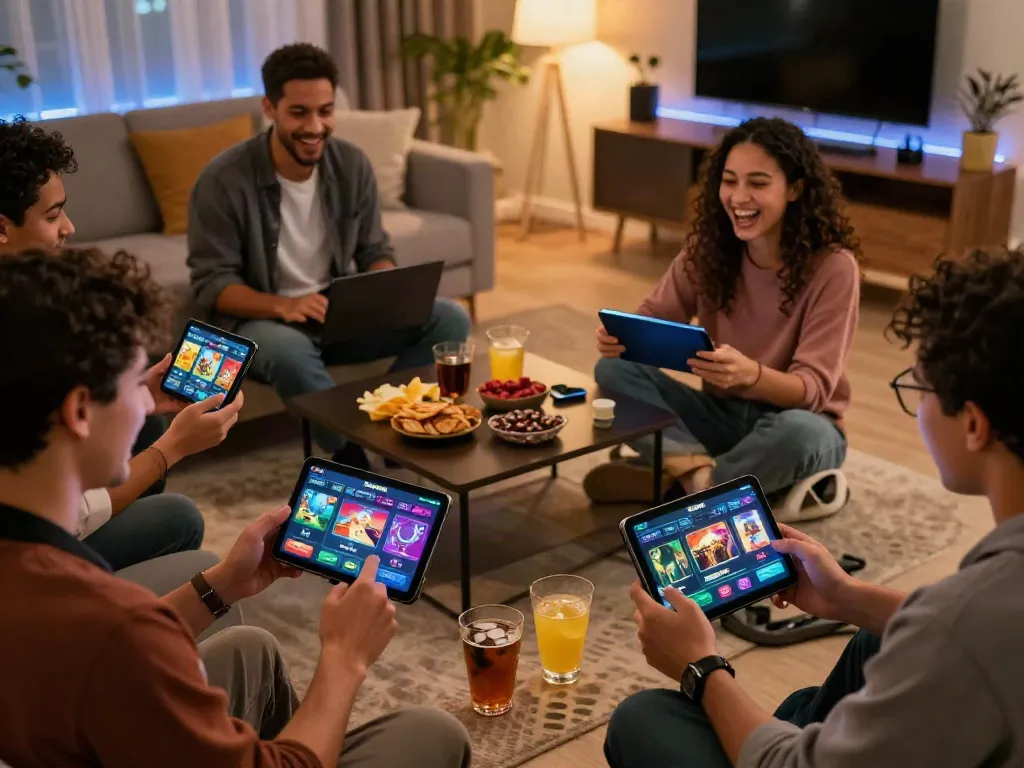 Friends enjoying a mobile gaming session on https://sunwint4.com/ in a cozy living room with vibrant app interfaces.