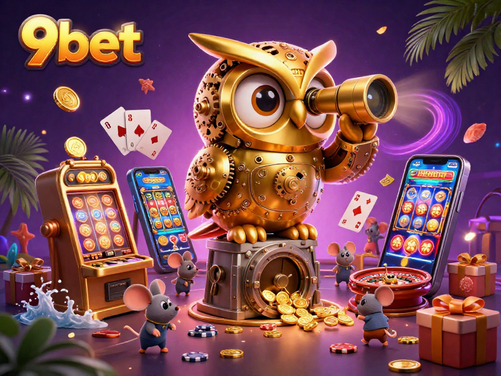 Spin the reels with 9bet's thrilling golden owl illustration set in a vibrant casino scene.