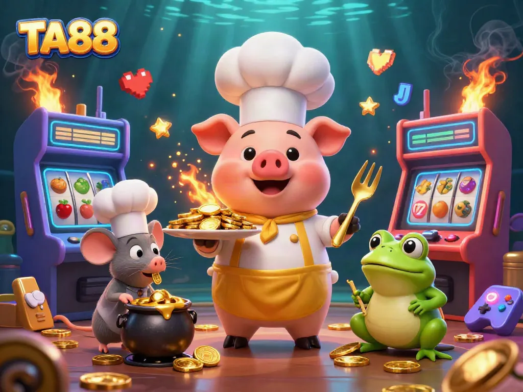 Experience thrilling wins with TA88's vibrant gaming scene featuring gold coins and arcade machines.