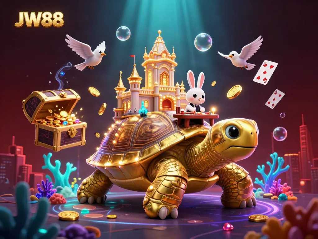 Experience the thrill of JW88 with a 3D casino scene featuring a giant tortoise casino and dealers.