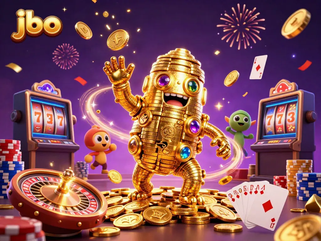 Engage with exciting gaming moments at JBO with this dynamic casino illustration featuring rich golden coins and vibrant gaming elements.