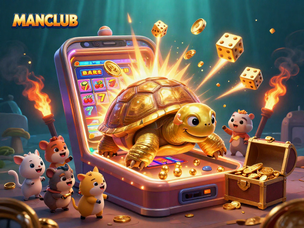 Experience the thrill of MANCLUB with a colossal golden tortoise in a vibrant casino scene.