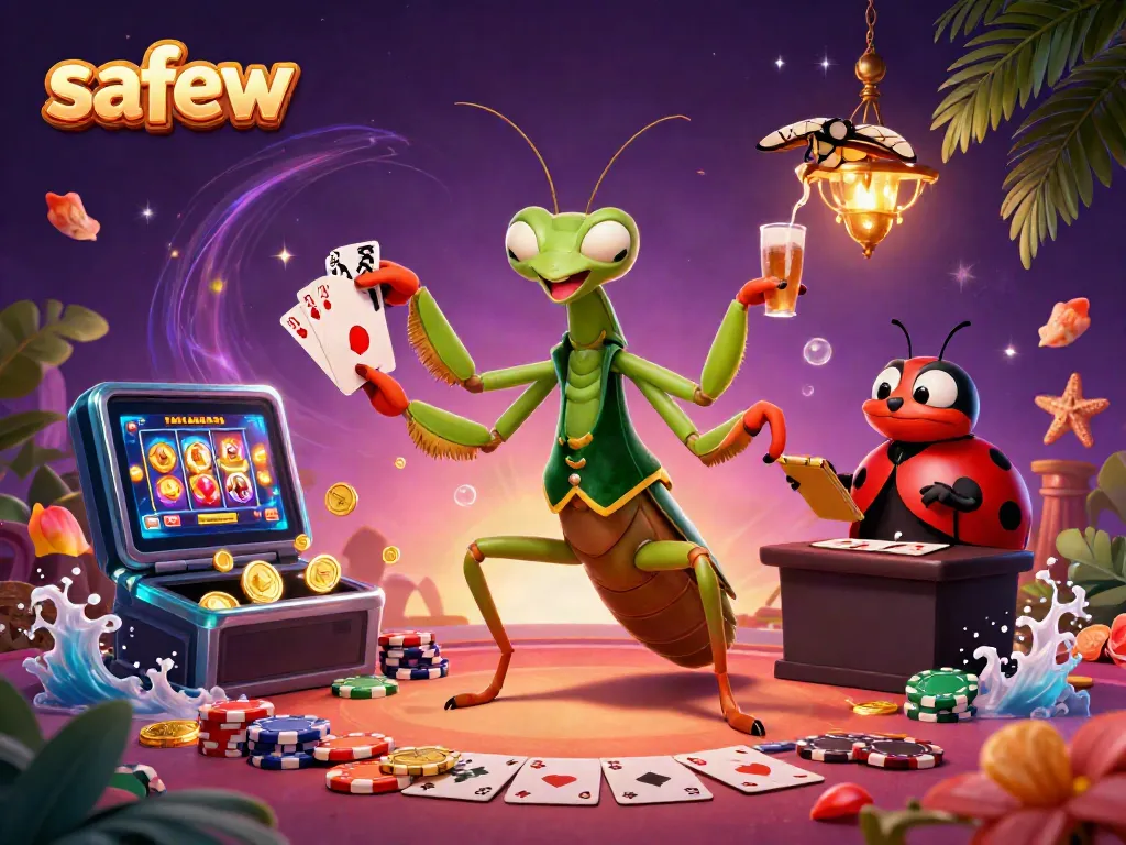 Engage with safew's vibrant casino world, featuring a mantis dealer, ladybug pit boss, and dynamic gambling elements.
