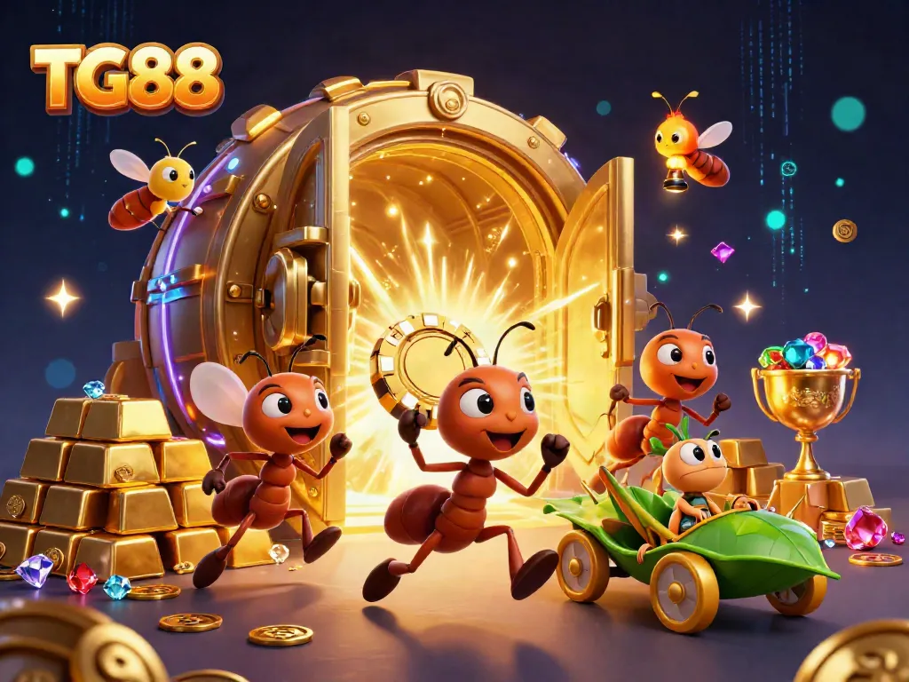 Experience the thrill of TG88 as ants heist a giant poker chip amidst gold treasures in a vibrant casino setting.