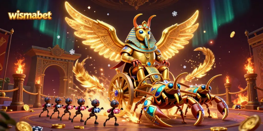 Experience wismabet excitement with a dynamic casino scene featuring a colossal scarab and scorpions.