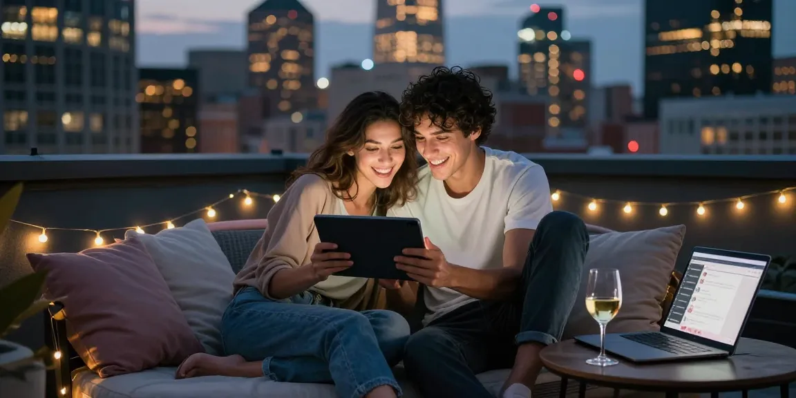 Couple enjoying a sex chat ai session on a rooftop with city skyline backdrop, evoking romance and digital intimacy.
