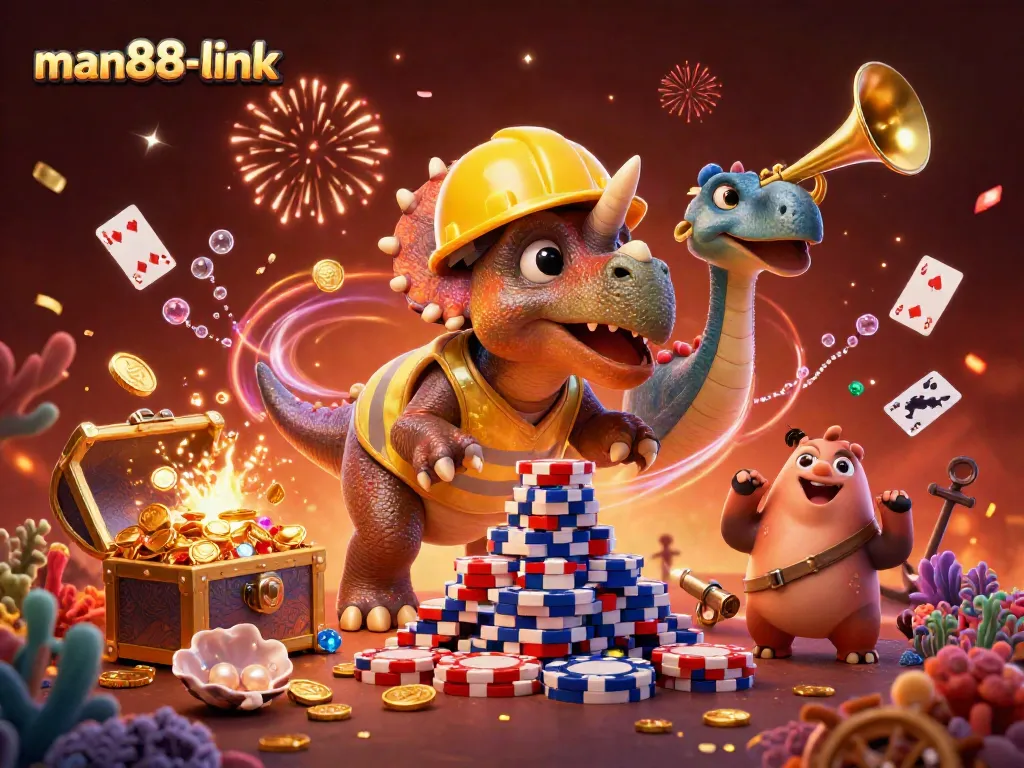 Celebrate with man88-link as casino characters build a poker chip pyramid in a vibrant 3D scene