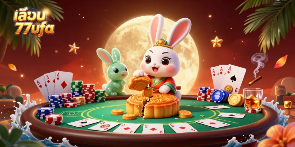 Experience the excitement of เล่น 77ufa with unique casino characters in an action-packed lunar setting, featuring poker elements and vibrant visuals.