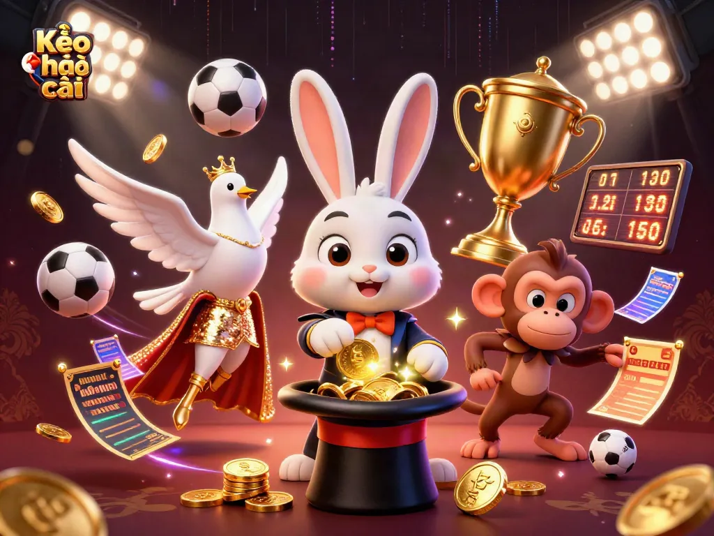 Witness Kèo nhà cái come alive with a cartoon magician rabbit pulling coins, sports balls soaring, and exciting betting slip actions.