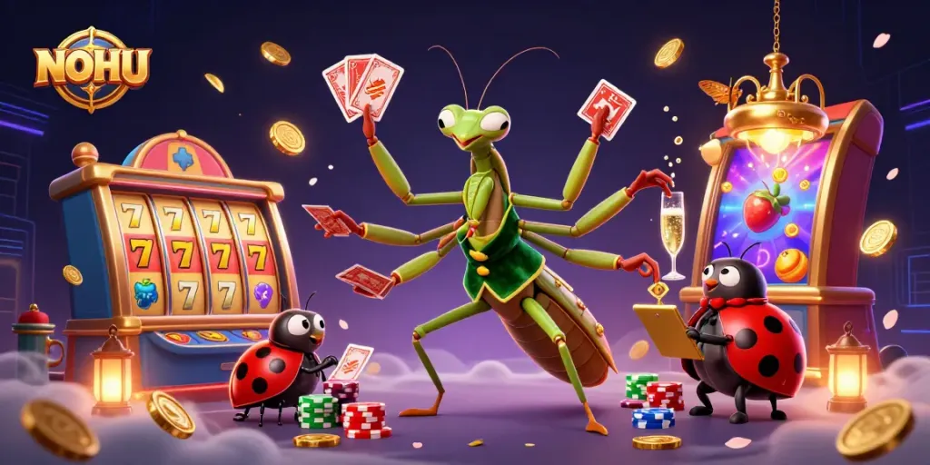 Experience NOHU slots with dynamic gaming elements and vibrant characters in a captivating casino scene.