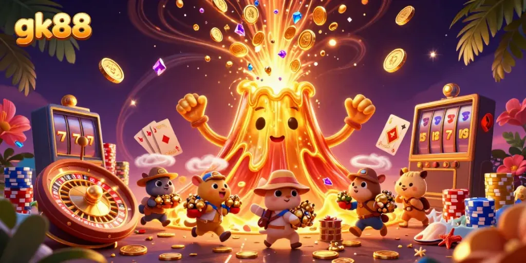 Experience the thrill with gk88 featuring a golden volcano showering treasures, casino elements, and exciting gameplay.
