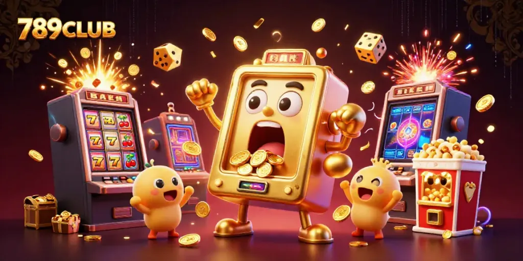Experience the excitement of 789CLUB as a golden slot machine hits the jackpot with coins spilling out.
