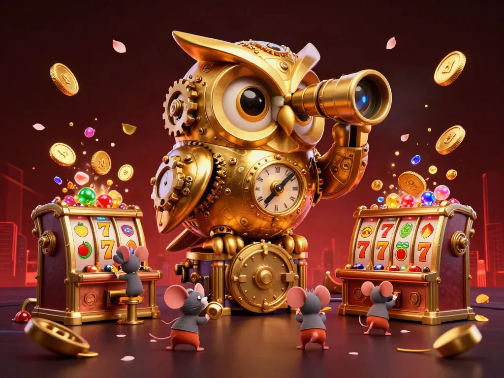 Experience 8XBET in an imaginative casino scene with a glorious golden owl and rich game elements.