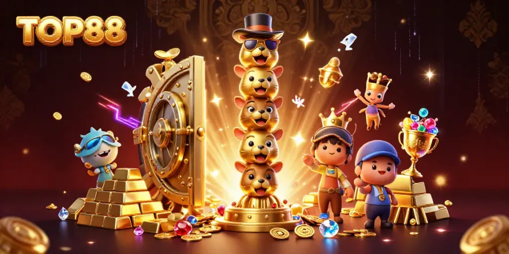 Experience the excitement of TOP88 with a captivating casino-themed 3D illustration showcasing vibrant characters and treasures.