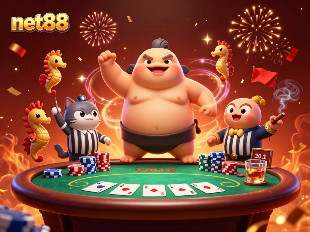 Experience thrilling poker action with net88's vibrant, colorful casino illustration featuring engaging characters.