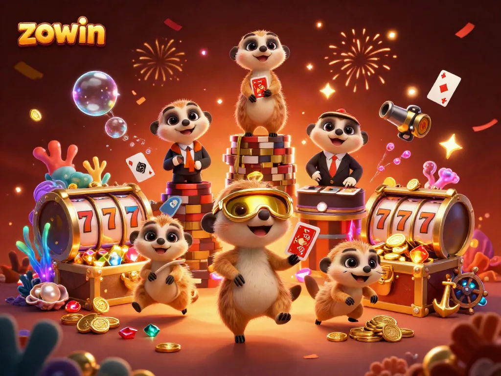 Zowin brings excitement with meerkats in a dynamic casino scene, featuring floating slot reels and treasures.