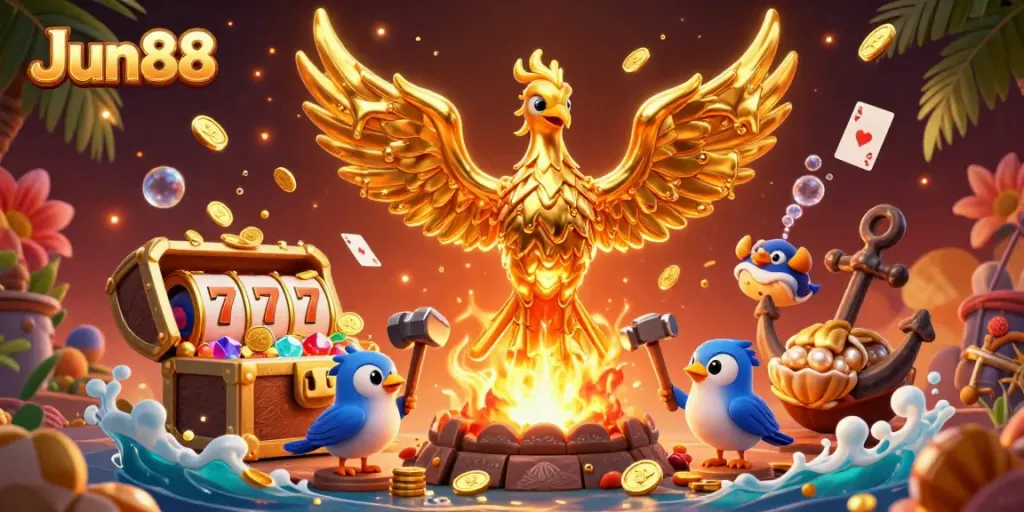 Experience Jun88's thrilling casino atmosphere with a molten golden phoenix, coins, and vibrant game elements.