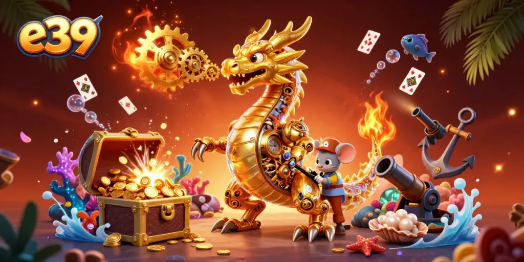 Experience the magic of e39 with a dragon and vibrant casino elements surrounded by treasures.