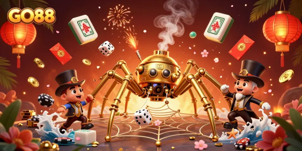 Experience thrilling excitement in GO88, featuring a golden spider and lively casino elements amidst vibrant scenes.
