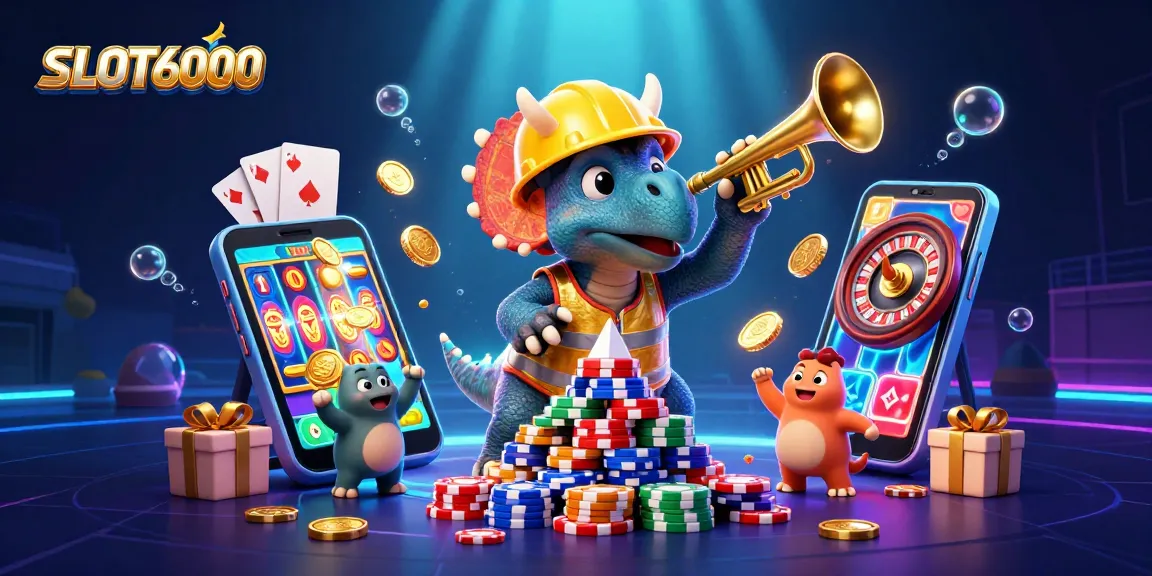 SLOT6000 reveals a fun-filled casino scene with a lively triceratops building poker chip pyramids amidst celebrating companions and exciting gaming elements.