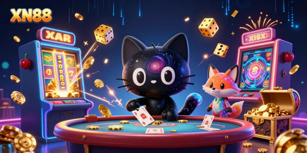 Experience the excitement of XN88 with vibrant characters and casino elements bursting with energy.