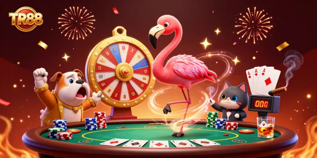 Spin the giant prize wheel with TR88 while the bulldog contestant celebrates at the poker table.