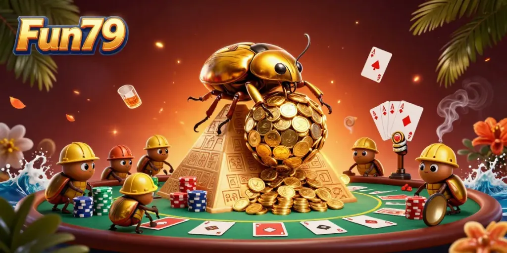 Experience the thrill of Fun79 with a golden beetle rolling coins in a dynamic casino scene.