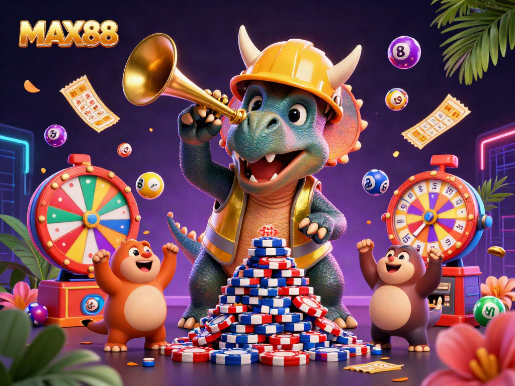 MAX88 brings excitement as a triceratops builds poker chips amid vibrant lottery action.