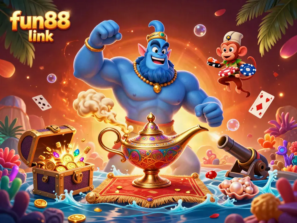Experience incredible thrills through the fun88 link with a vibrant 3D genie and poker chips.