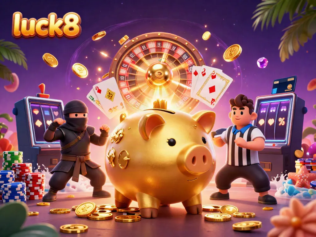 Engage with luck8's thrilling 3D casino scene featuring a golden piggy bank sumo wrestler and exciting game elements.