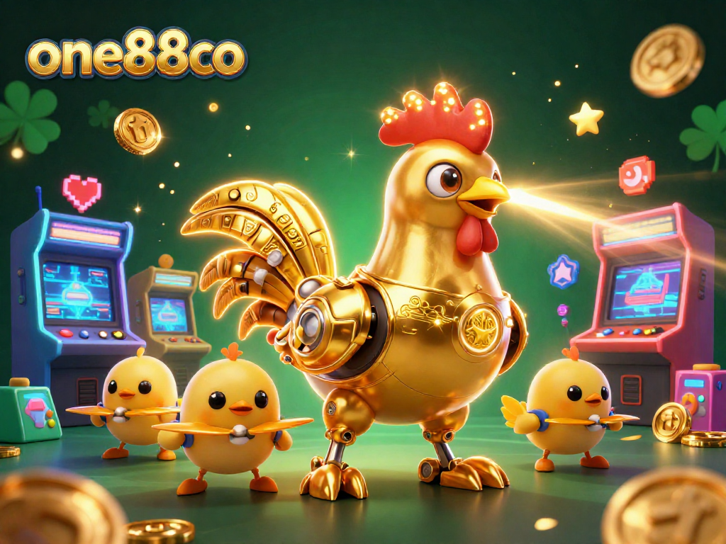 Engage with exciting games at one88co featuring a futuristic rooster robot and animated gaming elements.
