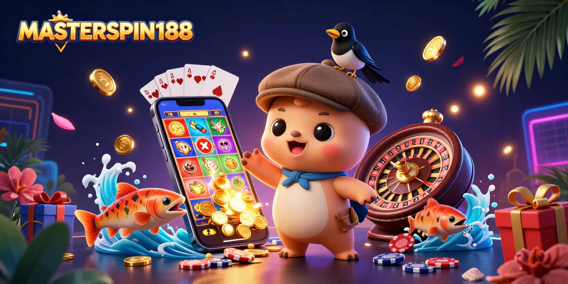 Engage with MASTERSPIN188 through thrilling cartoon-inspired casino imagery, showcasing vibrant slot game elements.