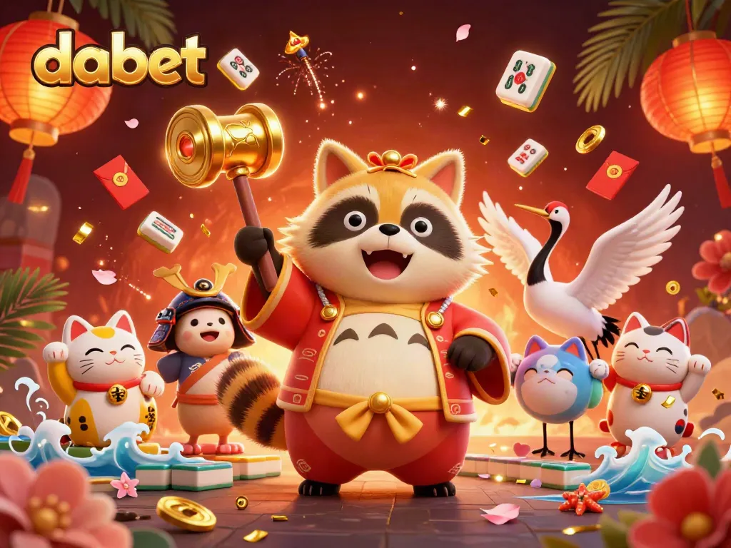 Dabet players enjoy vibrant gaming with cheerful characters and casino elements in a lively atmosphere.