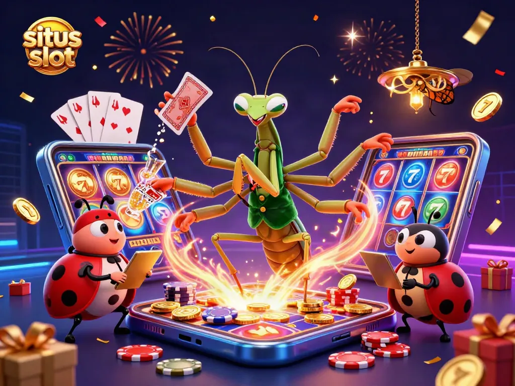 Experience exciting situs slot play with a vivid casino scene featuring dynamic characters and slots elements!