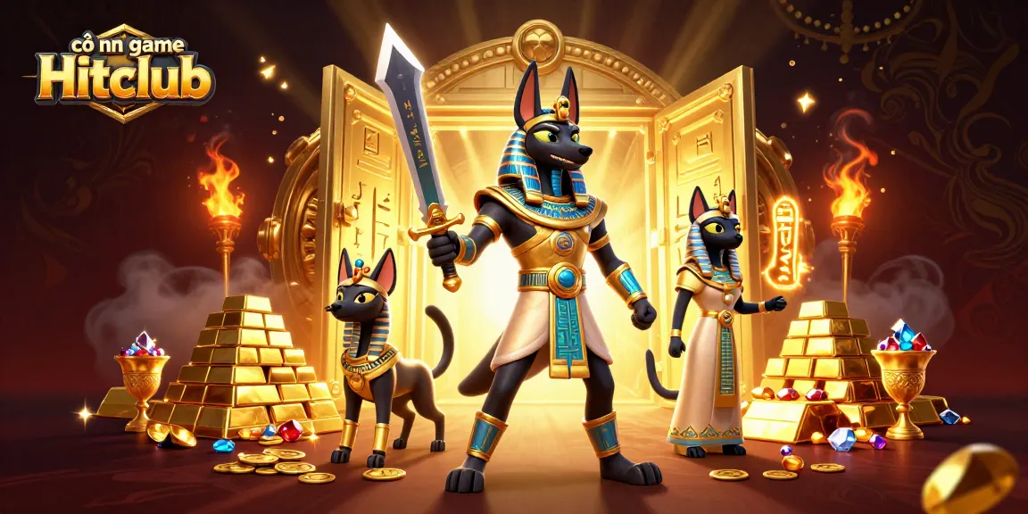 Cổng game Hitclub showcases an ancient Egyptian warrior and a sacred cat amidst treasures in a dazzling casino scene.